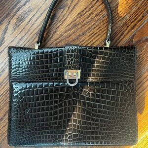 Vintage Birks Elegant Black Crocodile-Embossed Handbag